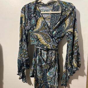 Paisley Wrap Dress with Flared Sleeves